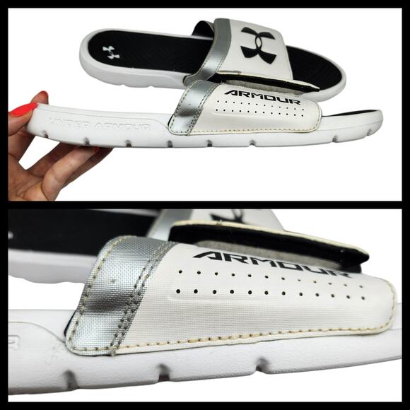 Under Armour Slides Mens 12 Sandals White Black Silver Metallic Ignite Comfort - Picture 7 of 13
